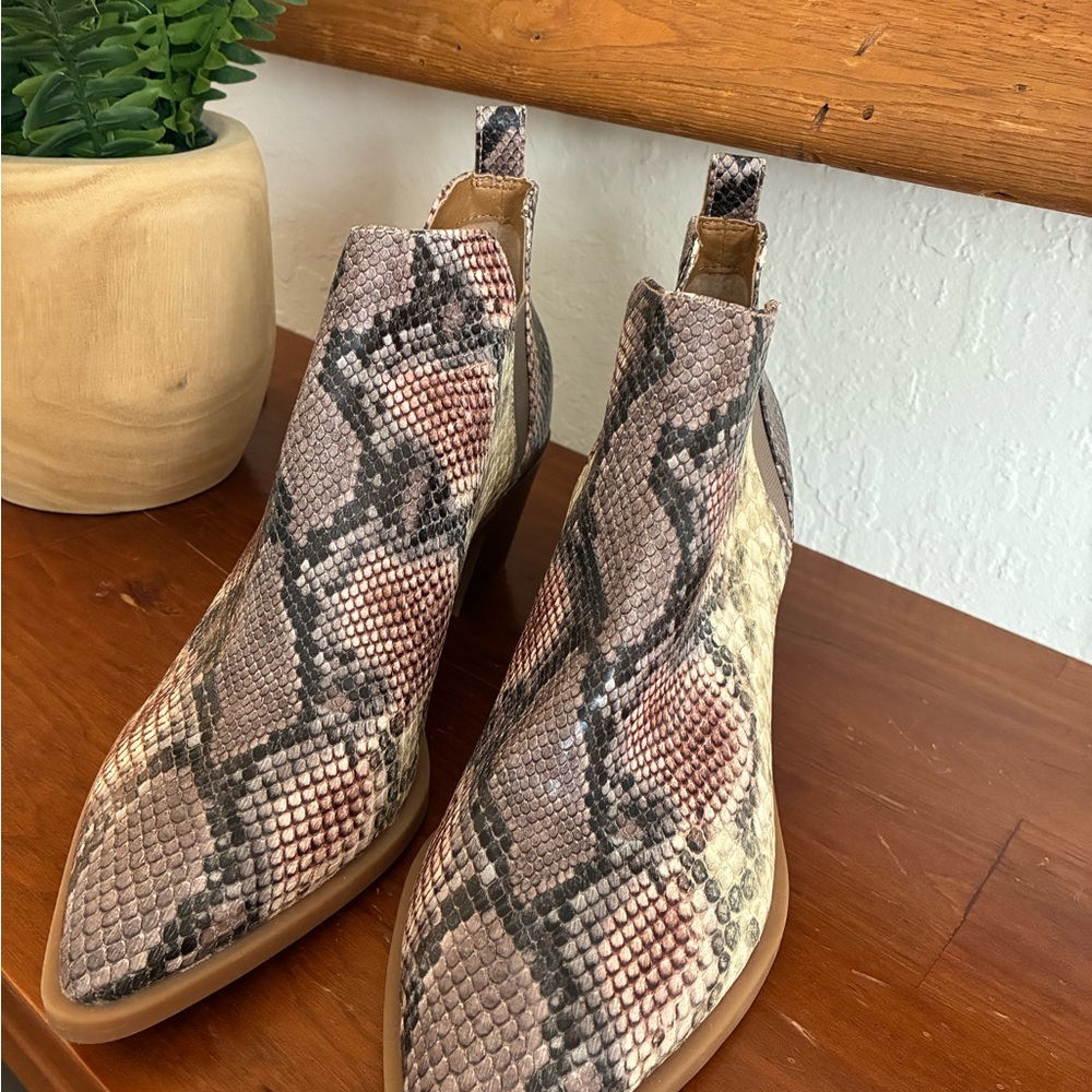 Dolce Vita Brown Tan Ankle Booties with Snakeskin Print